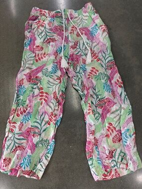Cynthia Rowley 100% linen pull on floral wide leg pants size L white pink green